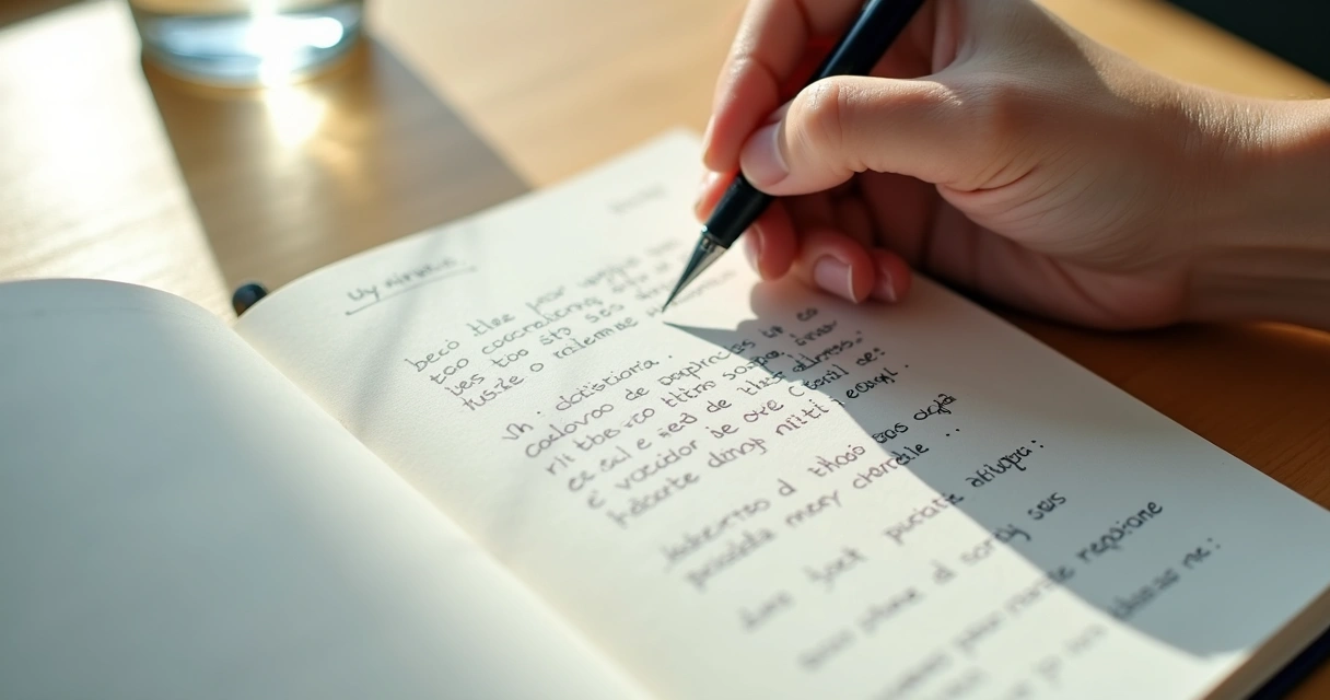 Caderno aberto com anotações e mão escrevendo em mesa clara 
