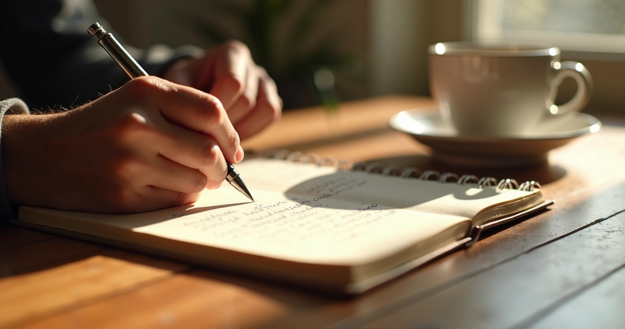 Pessoa escrevendo reflexões em caderno em mesa de madeira