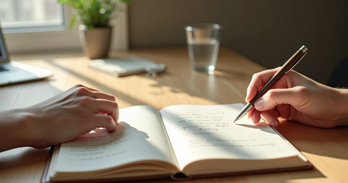 Caderno aberto com anotações e mãos refletindo