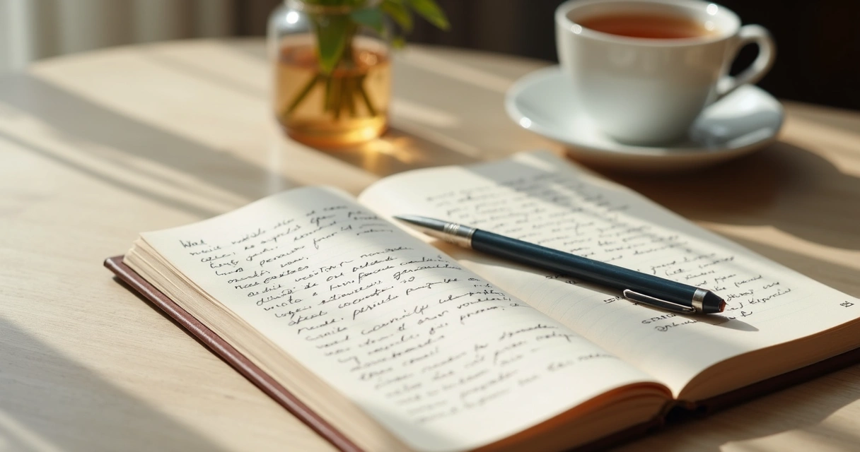 Caderno aberto com anotações e chá sobre mesa clara