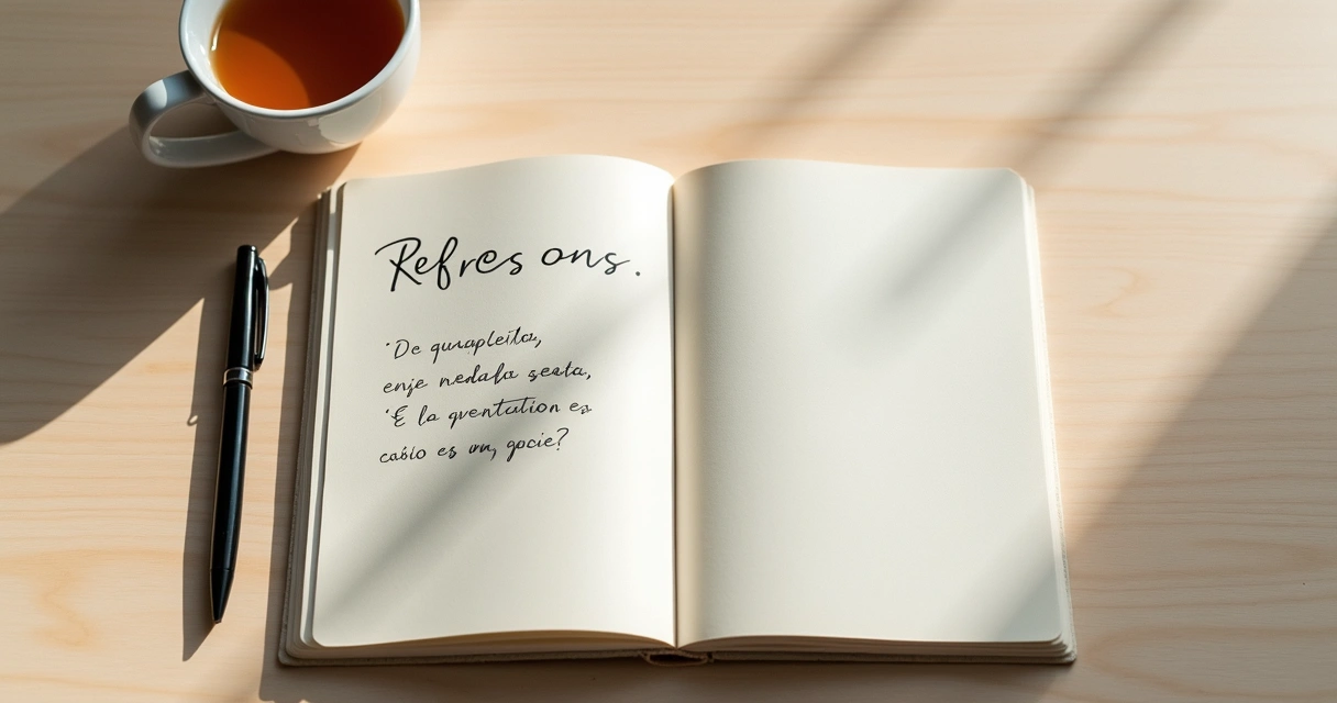 Caderno com perguntas de reflexão e caneta sobre mesa clara
