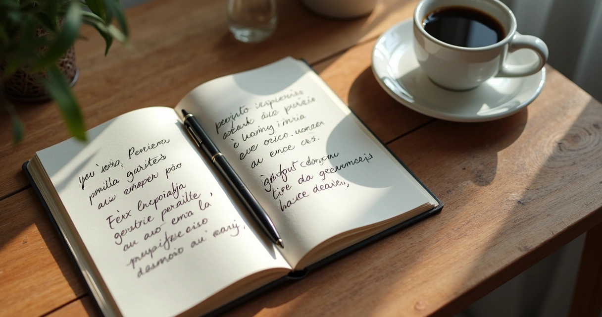 Caderno aberto com anotações de reflexão pessoal e xícara ao lado