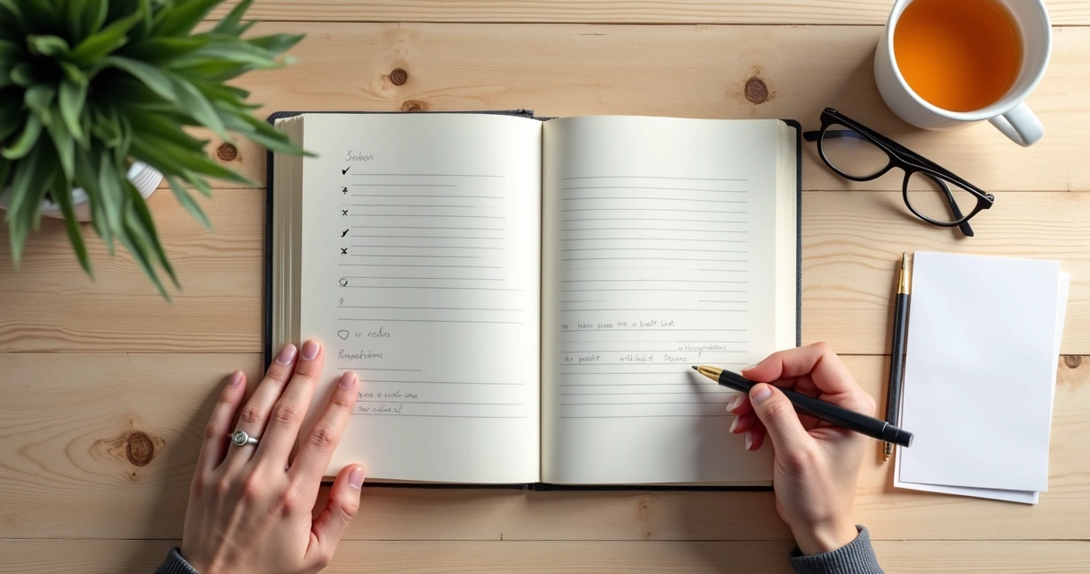 Caderno aberto com anotações e mão escrevendo em mesa clara