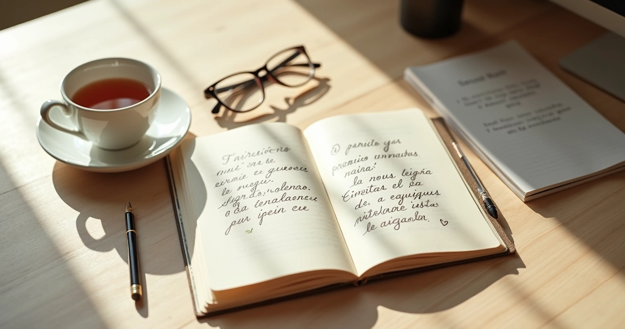Caderno aberto com anotações e chá sobre mesa clara 