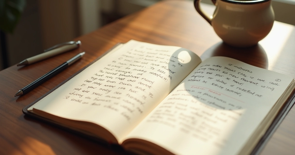 Caderno aberto com anotações e xícara ao lado 