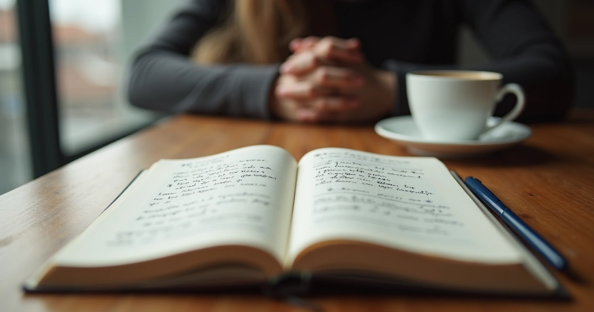 Caderno aberto com anotações e pessoa em reflexão 