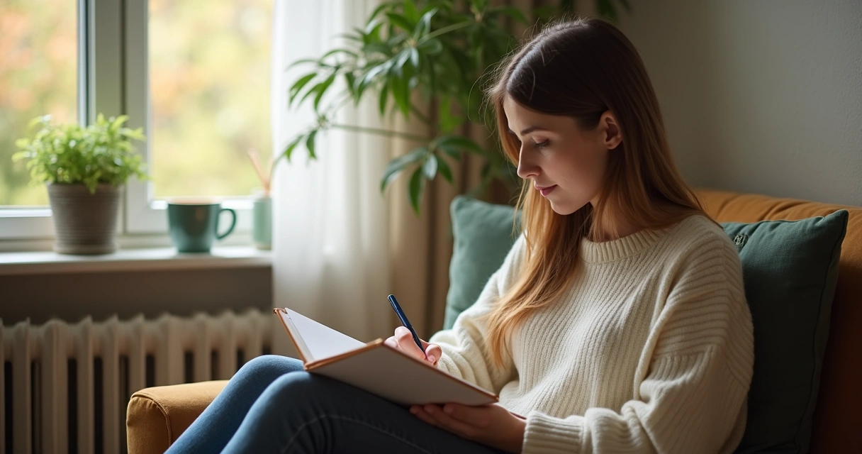 Pessoa escrevendo em caderno de reflexão pessoal 