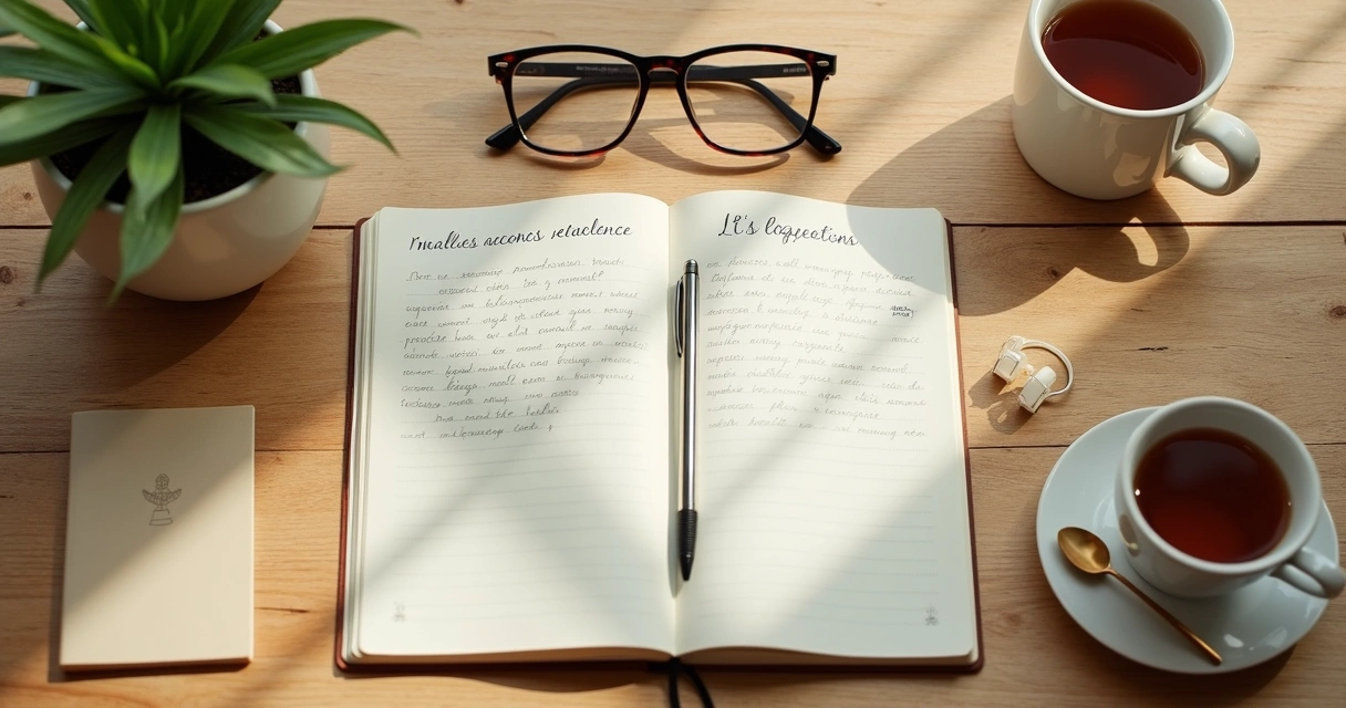 Caderno aberto com anotações de reflexão e xícara ao lado