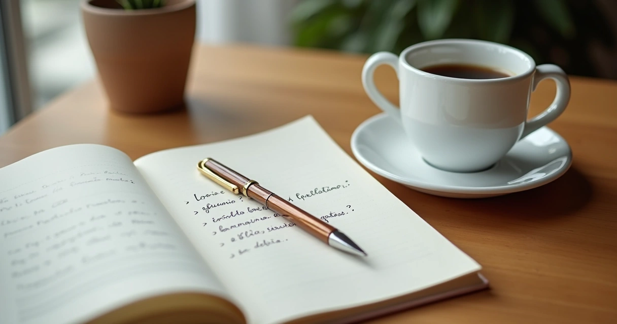 Caderno aberto com perguntas de reflexão ao lado de uma xícara