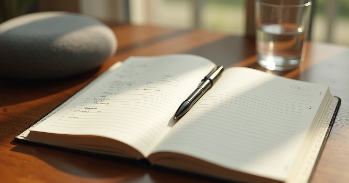 Caderno aberto após meditação com ambiente calmo 