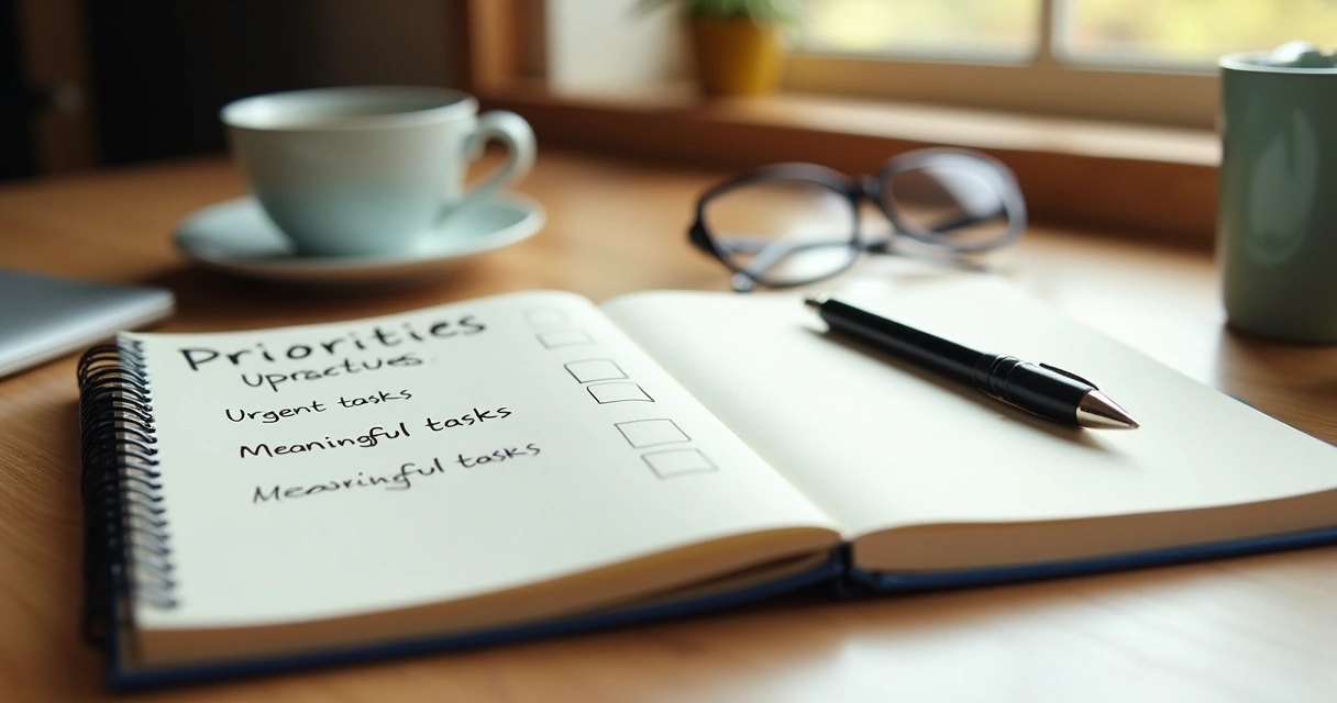 Caderno com lista de prioridades escritas, caneta ao lado, luz suave, elementos de mesa de trabalho