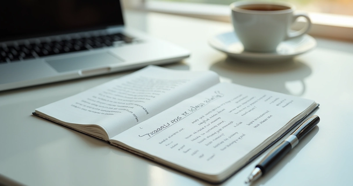 Caderno com perguntas éticas em mesa de trabalho 