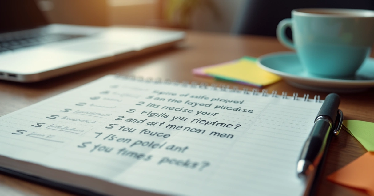 Caderno com perguntas de revisão ao lado de notebook 