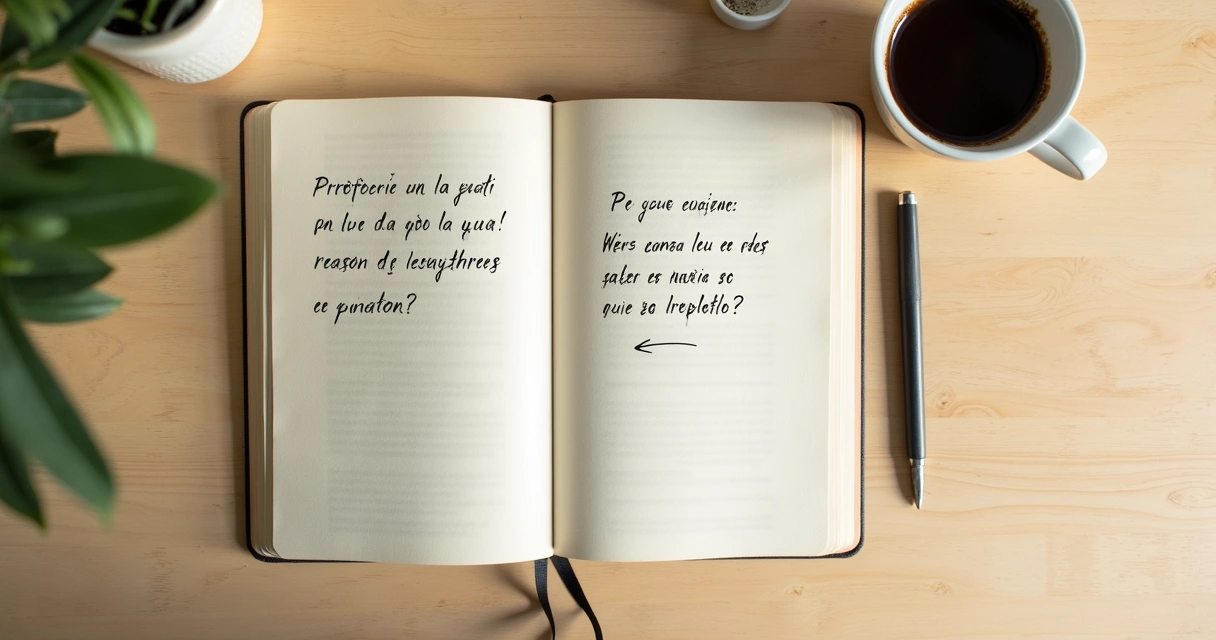 Caderno aberto com perguntas de propósito e xícara de café 