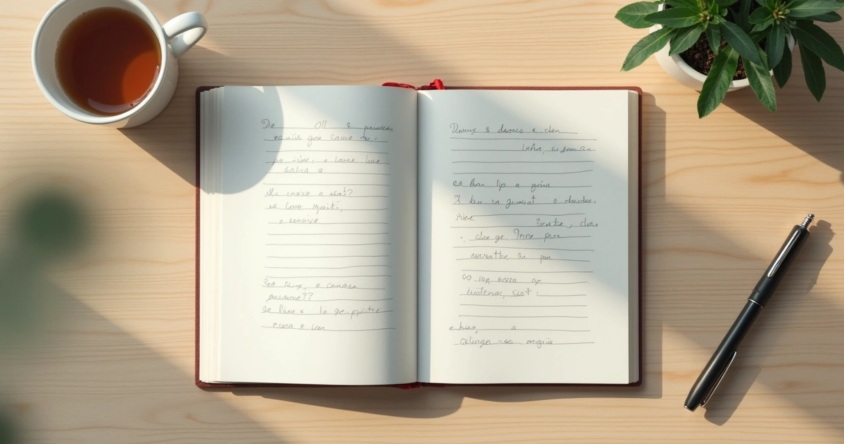 Caderno aberto com perguntas de reflexão e xícara sobre mesa clara 