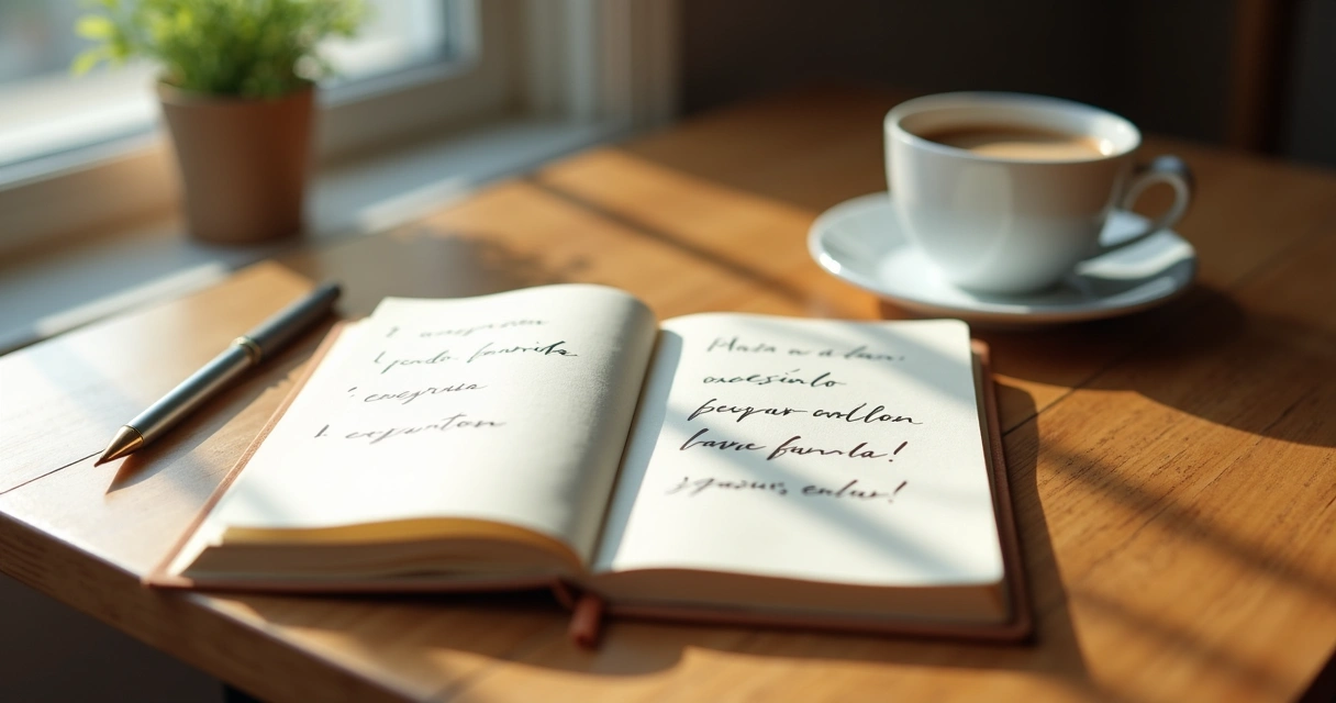 Caderno aberto com perguntas de reflexão e café na mesa 