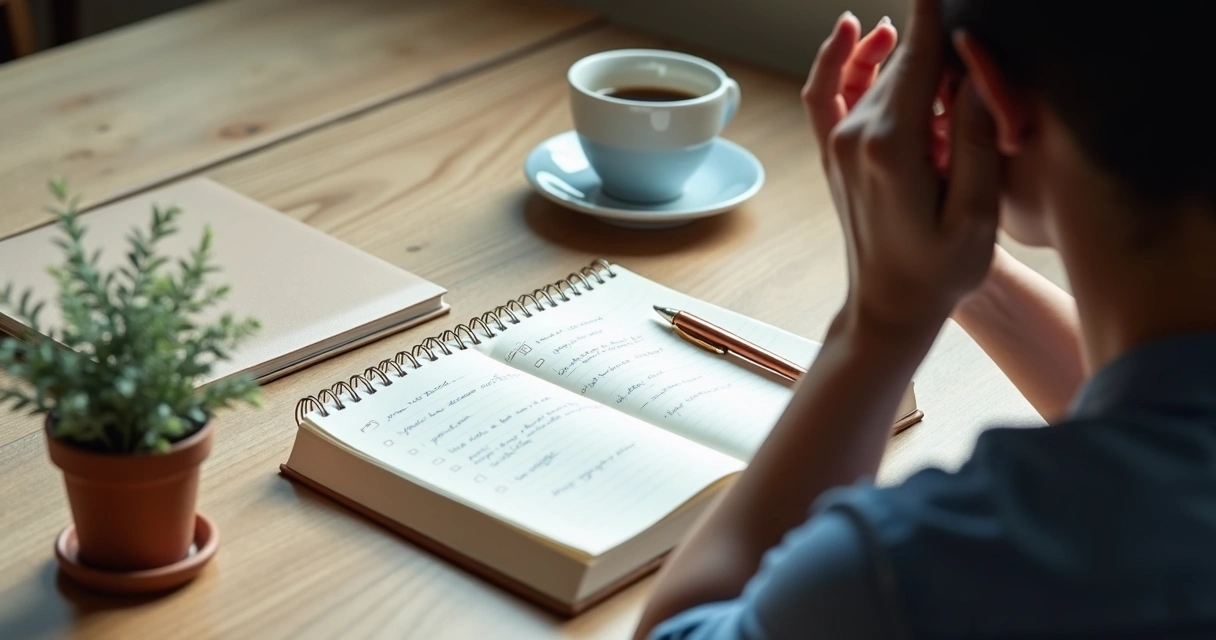 Caderno aberto com anotações de metas e pessoa refletindo à mesa 