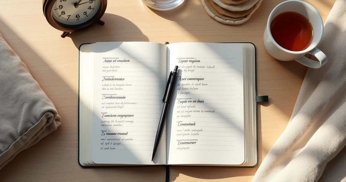 Caderno aberto com anotações semanais e xícara sobre mesa clara 