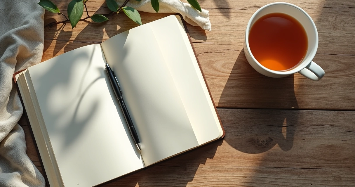 Caderno aberto com caneta, chá e luz suave sobre mesa de madeira