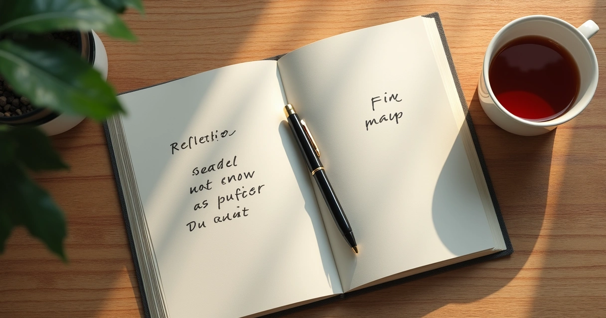Caderno aberto com anotações e xícara em momento de reflexão 