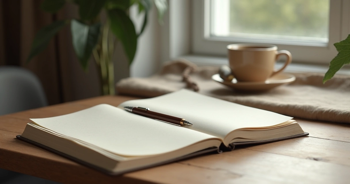 Caderno aberto com caneta ao lado de uma janela tranquila