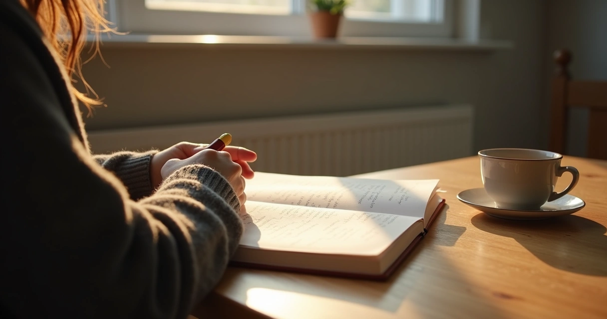 Caderno aberto, xícara e pessoa refletindo em silêncio