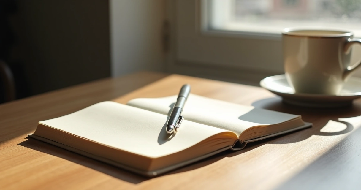 Caderno aberto ao lado de uma xícara e janela com luz suave