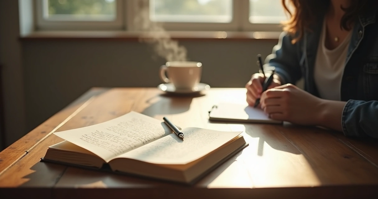 Caderno aberto com pessoa escrevendo em ambiente silencioso