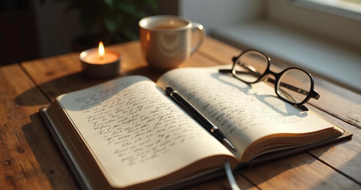 Caderno aberto com anotações ao lado de uma vela e xícara em ambiente silencioso