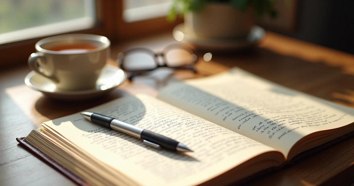 Caderno aberto com anotações e chá ao lado 