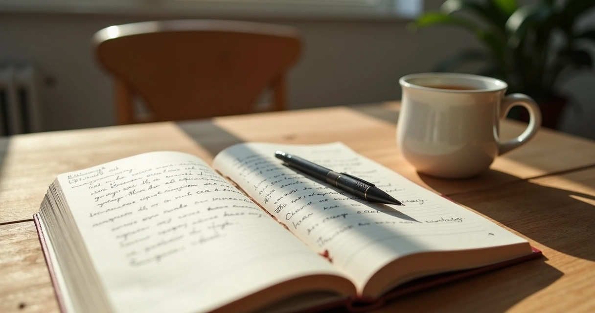 Caderno aberto com anotações e xícara perto da janela