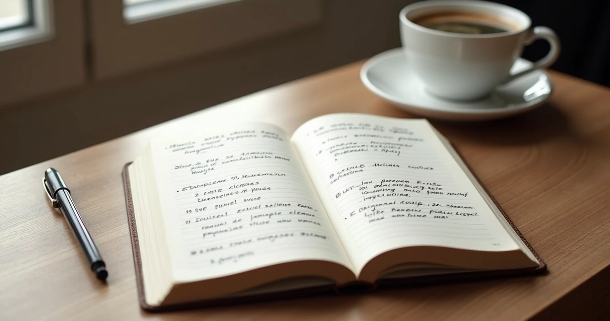 Caderno aberto com anotações sobre metas e reflexão pessoal
