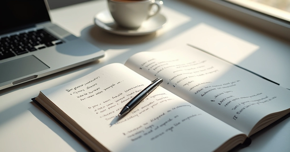 Caderno aberto com anotações em mesa de trabalho
