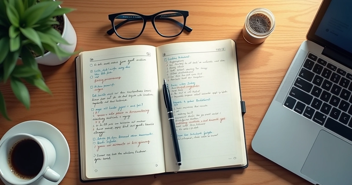Caderno com anotações de reflexão profissional sobre a mesa 