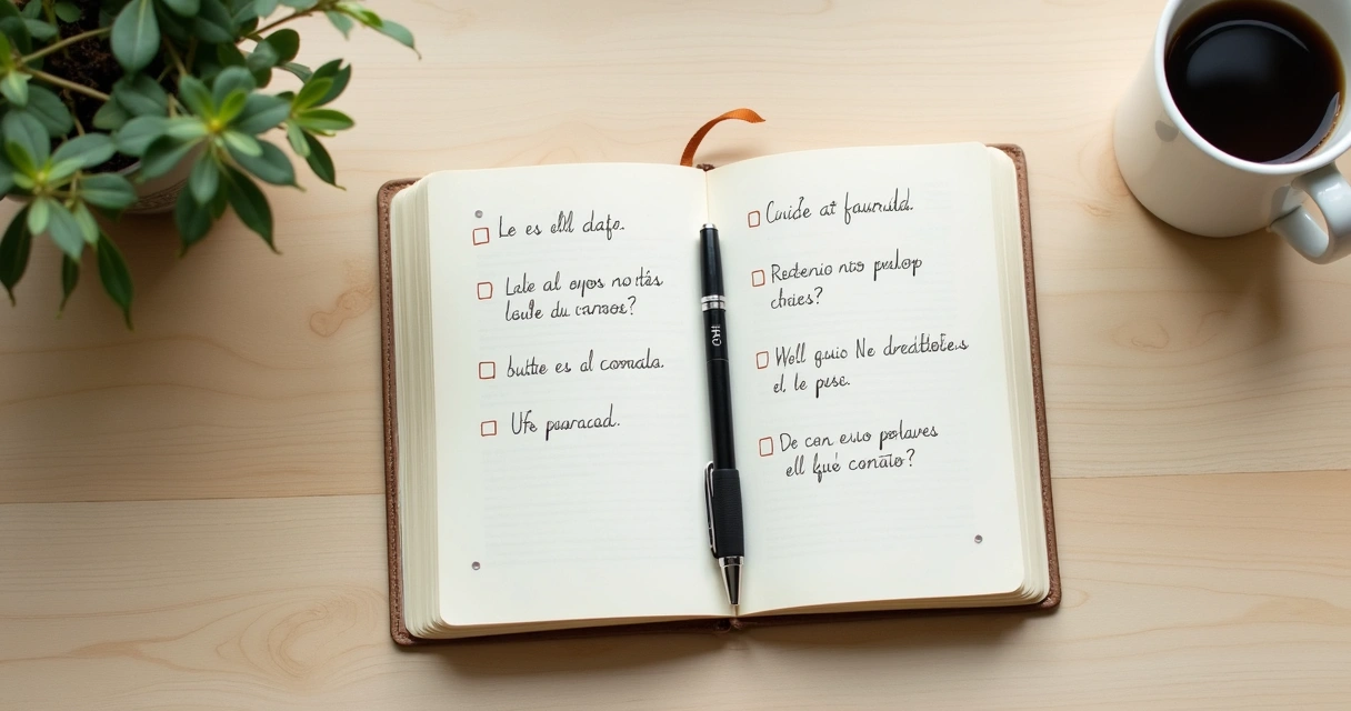 Caderno aberto com perguntas de reflexão e xícara de café em mesa clara 