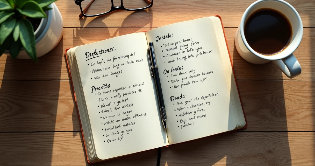Caderno com anotações sobre valores e uma xícara sobre a mesa