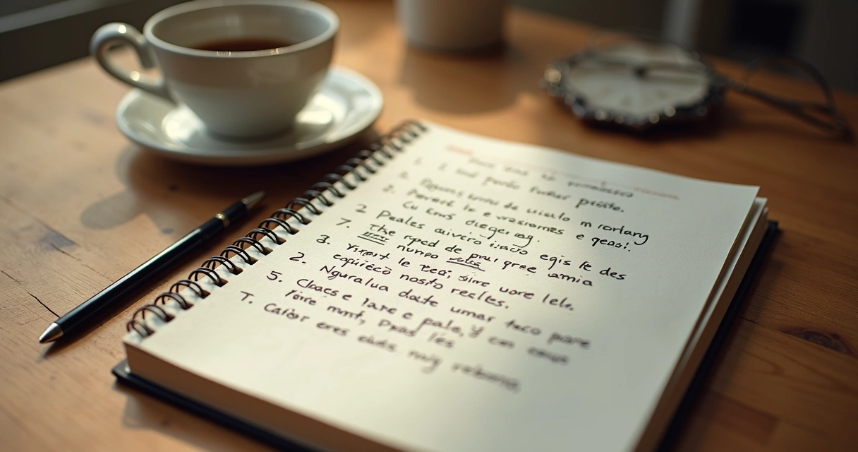 Caderno aberto com anotações e café ao lado