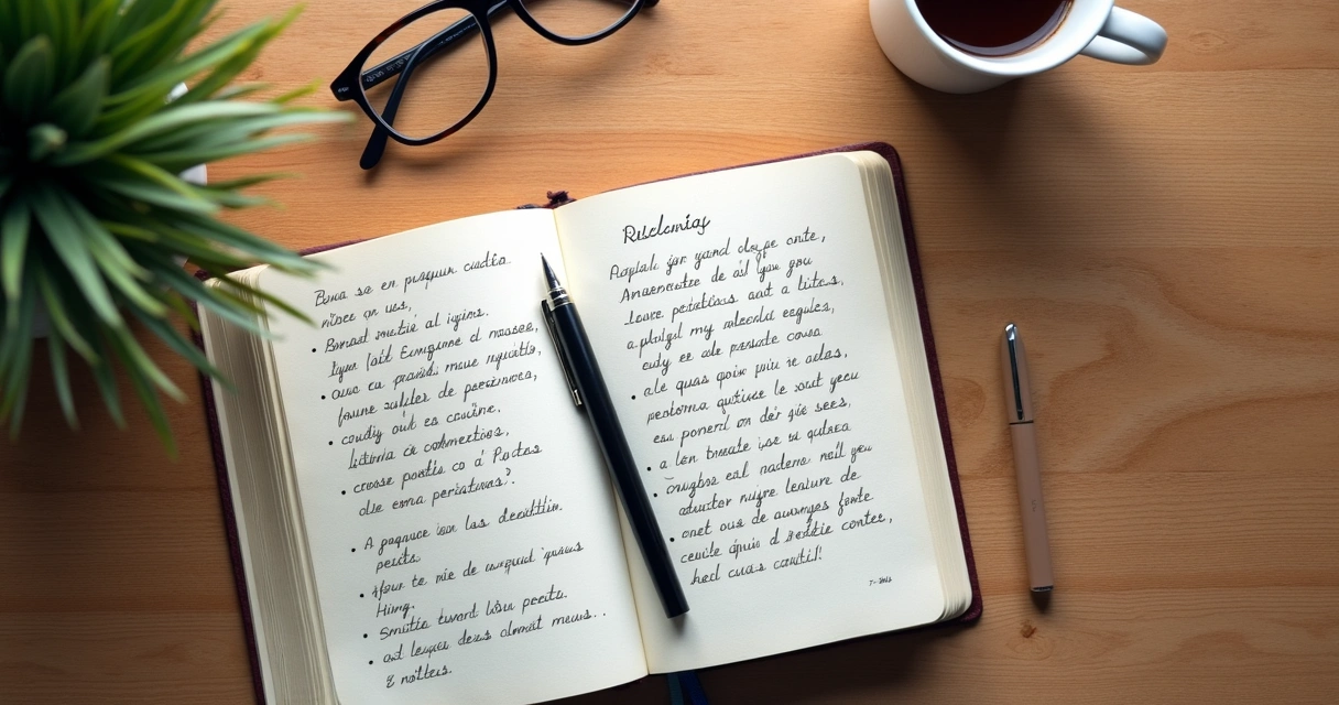 Caderno aberto com anotações sobre valores pessoais e xícara de café