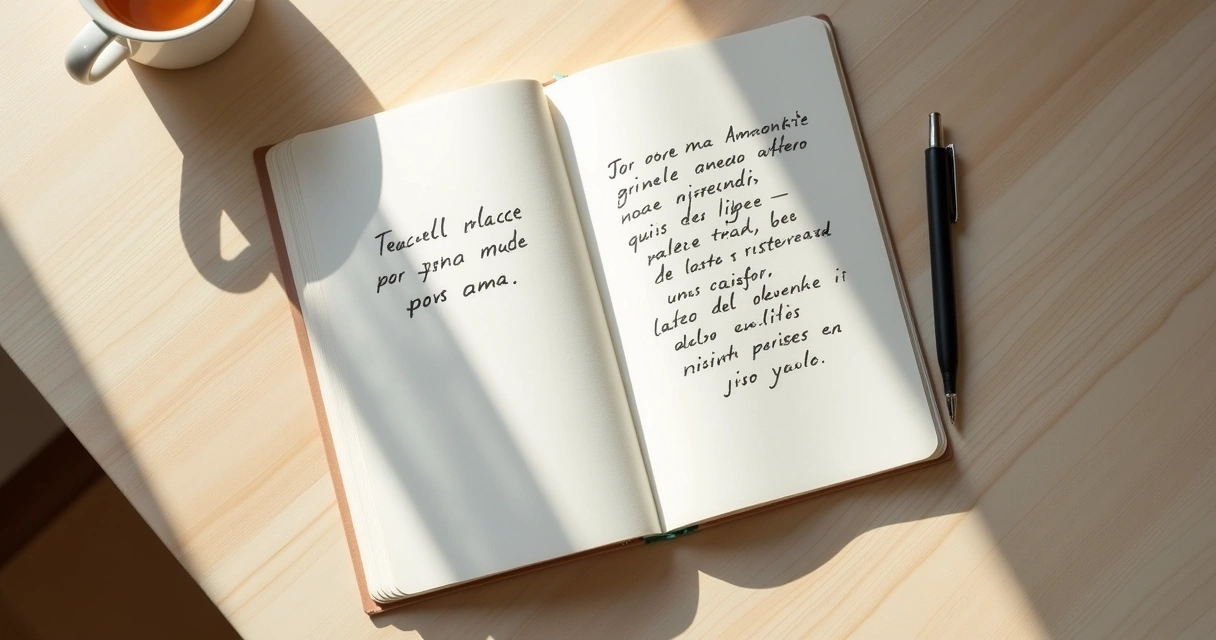 Caderno aberto com perguntas escritas e caneta sobre mesa clara 