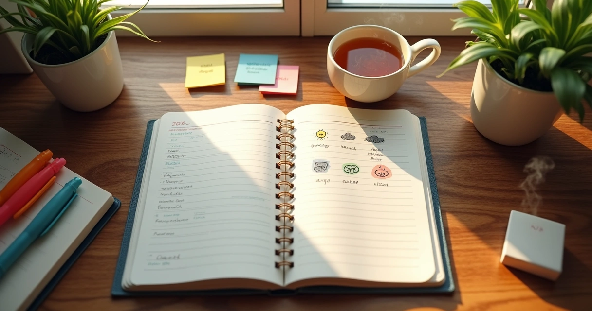 Mesa organizada com caderno de registro emocional anotado à mão 