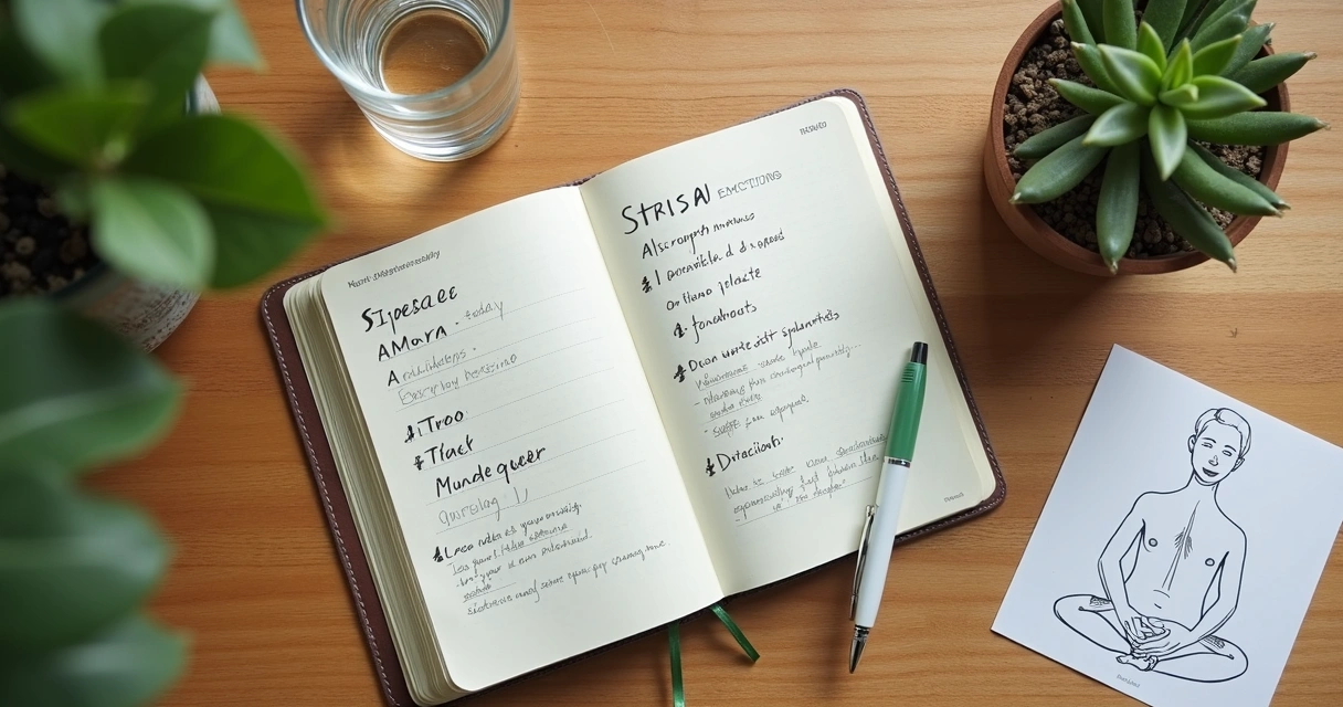 Caderno com anotações de emoções e respiração 