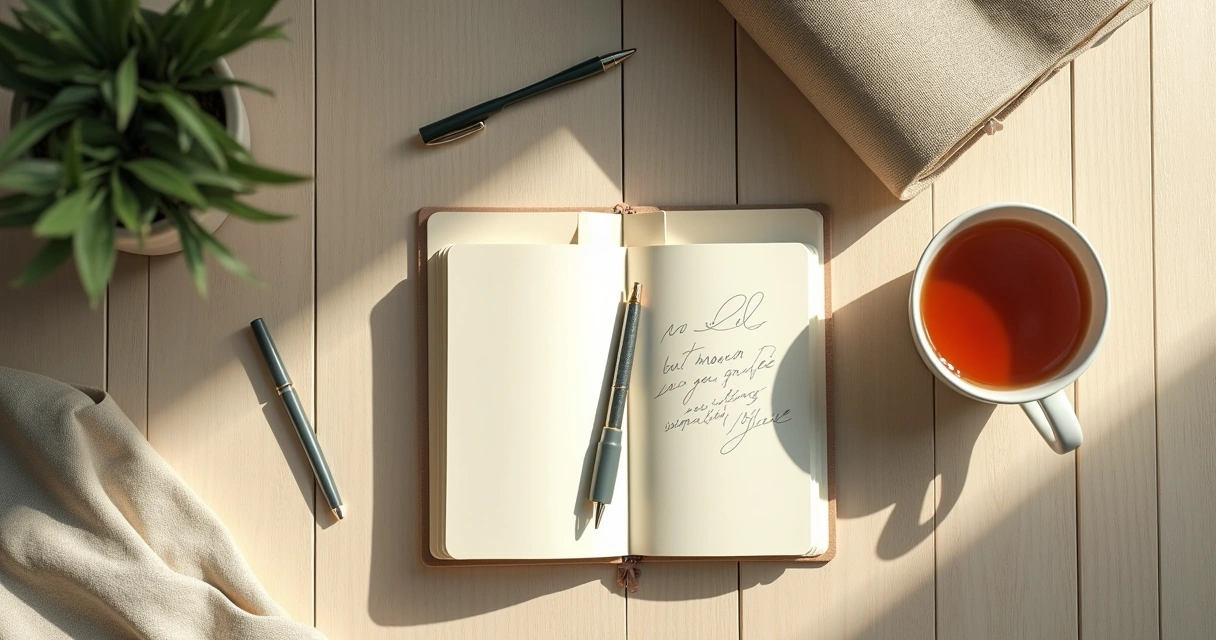 Caderno aberto ao lado de xícara e tapete de prática