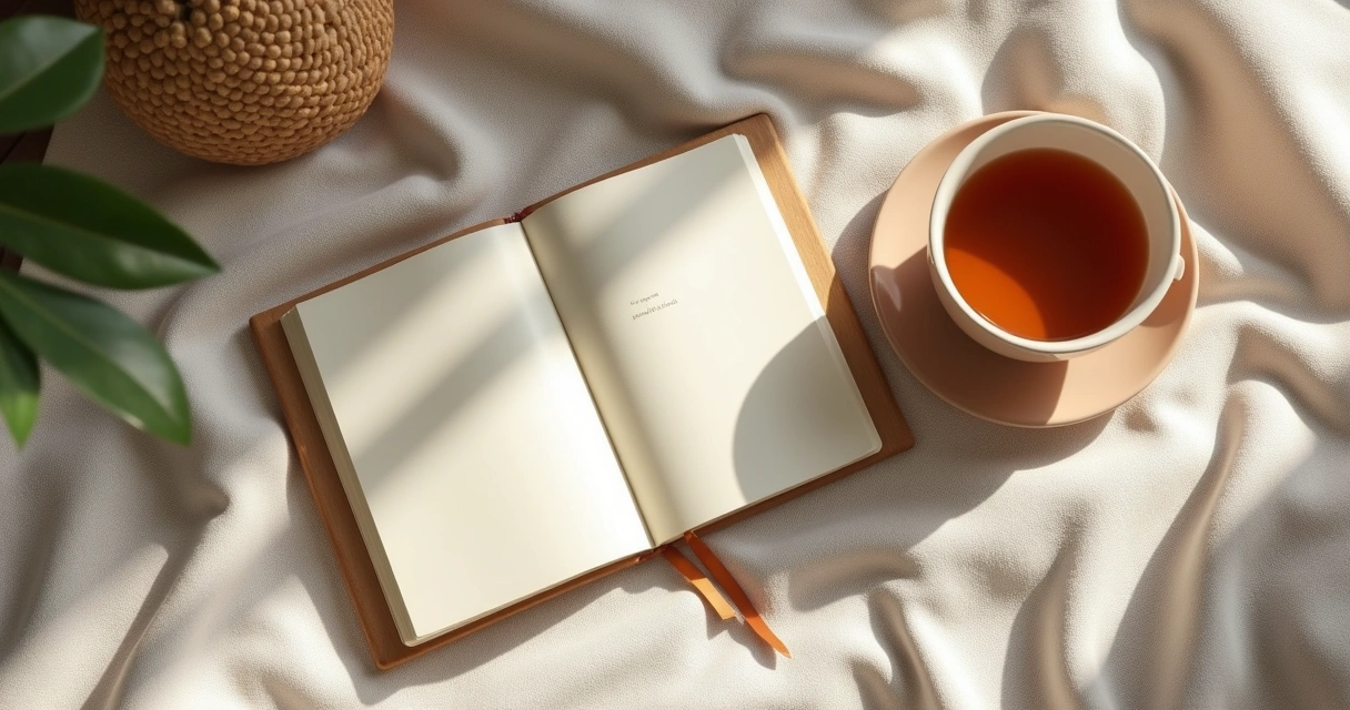 Caderno com anotações ao lado de xícara e almofada de meditação 