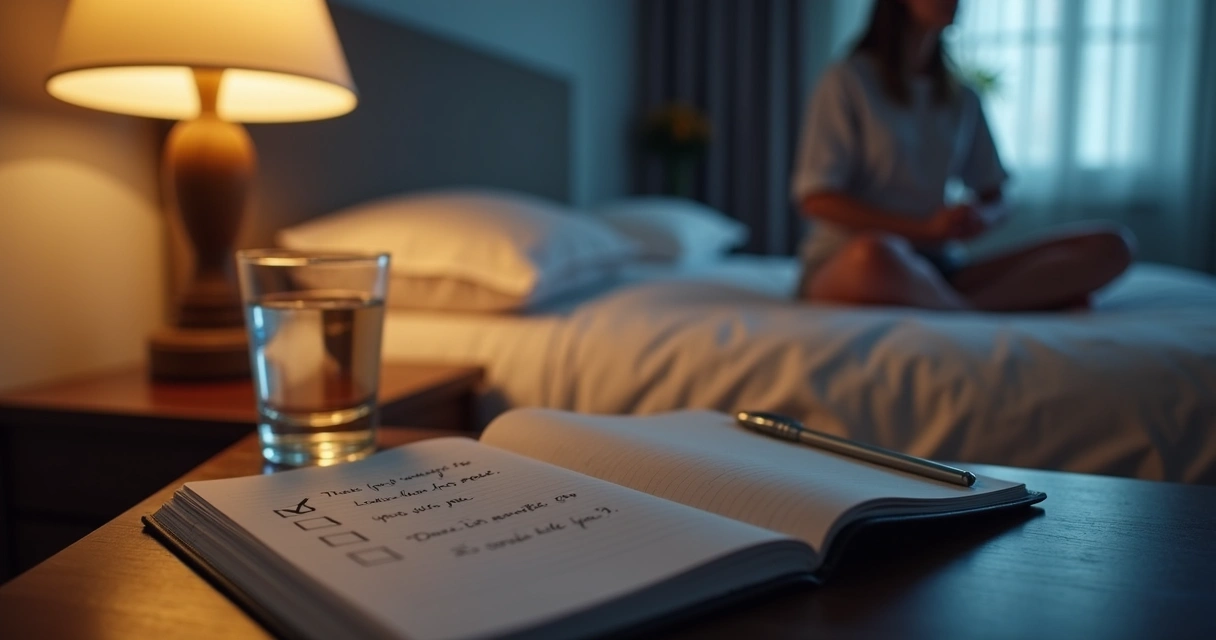 Caderno aberto e prática de respiração ao lado da cama 