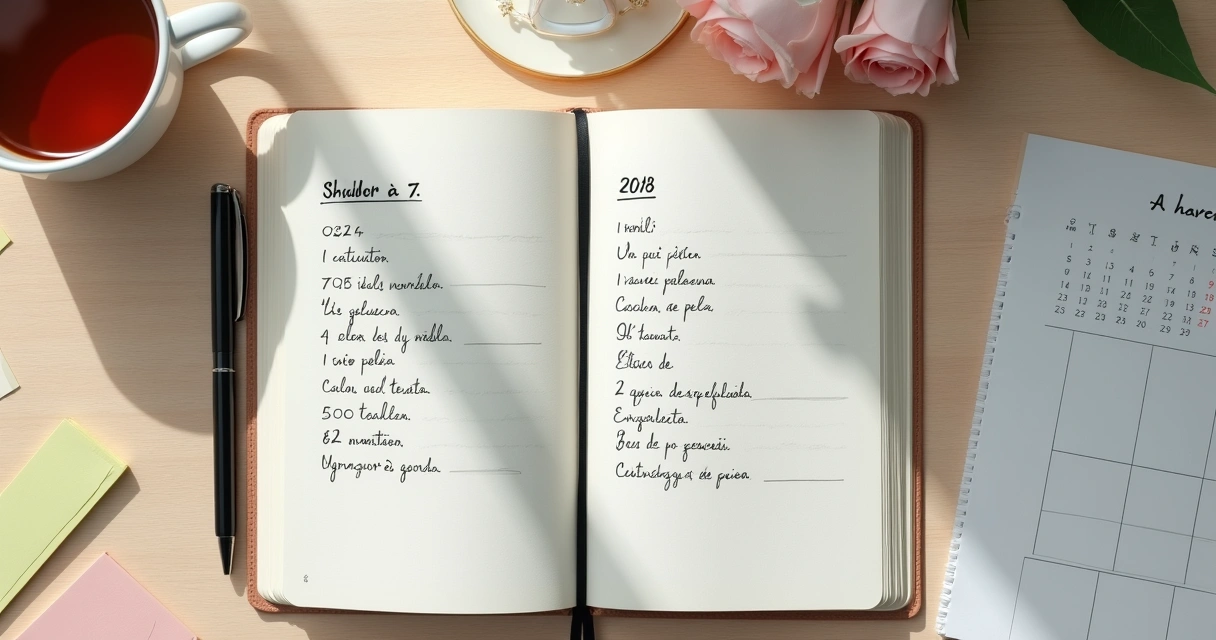 Caderno com metas, calendário e caneta sobre mesa clara