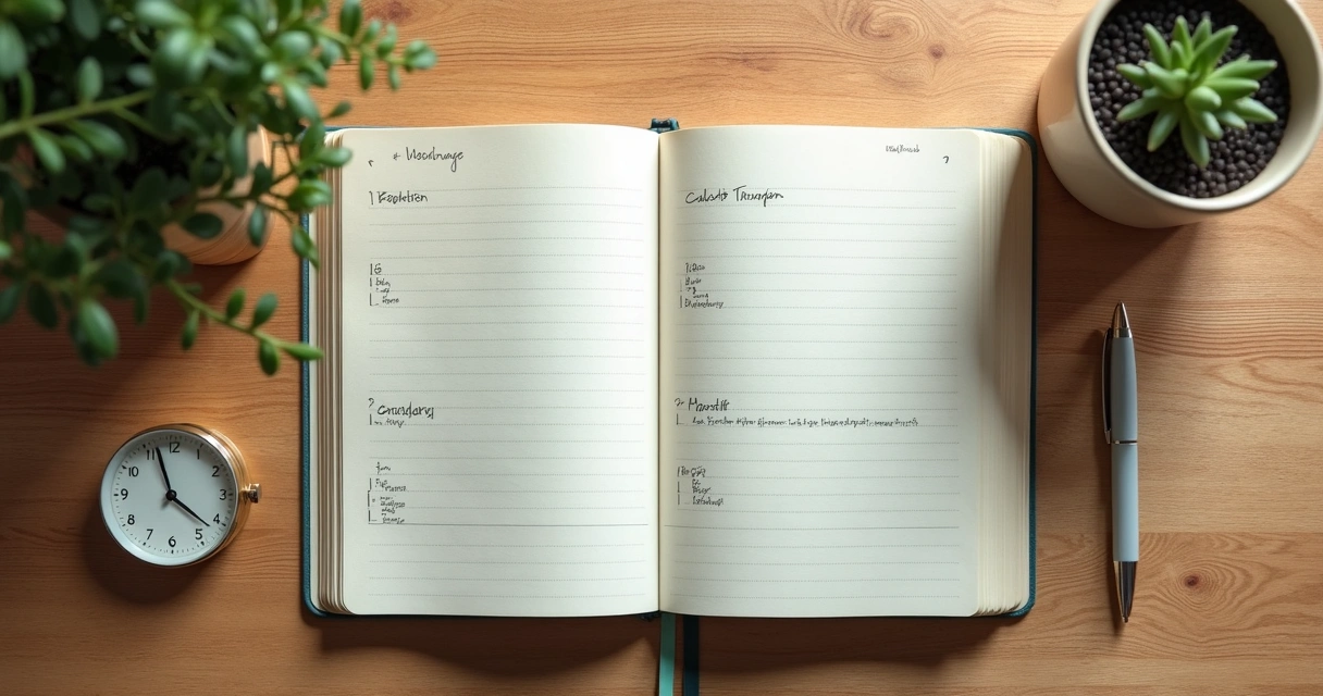 Caderno com anotações de humor ao lado de relógio e planta 