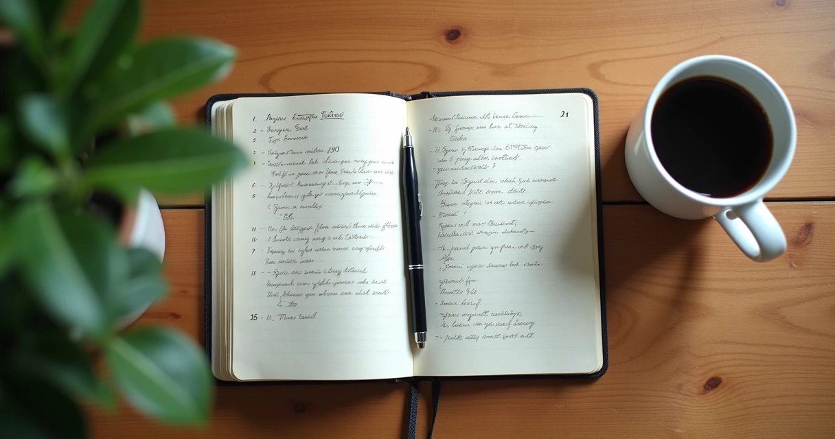 Caderno aberto, caneta e xícara de café sobre mesa
