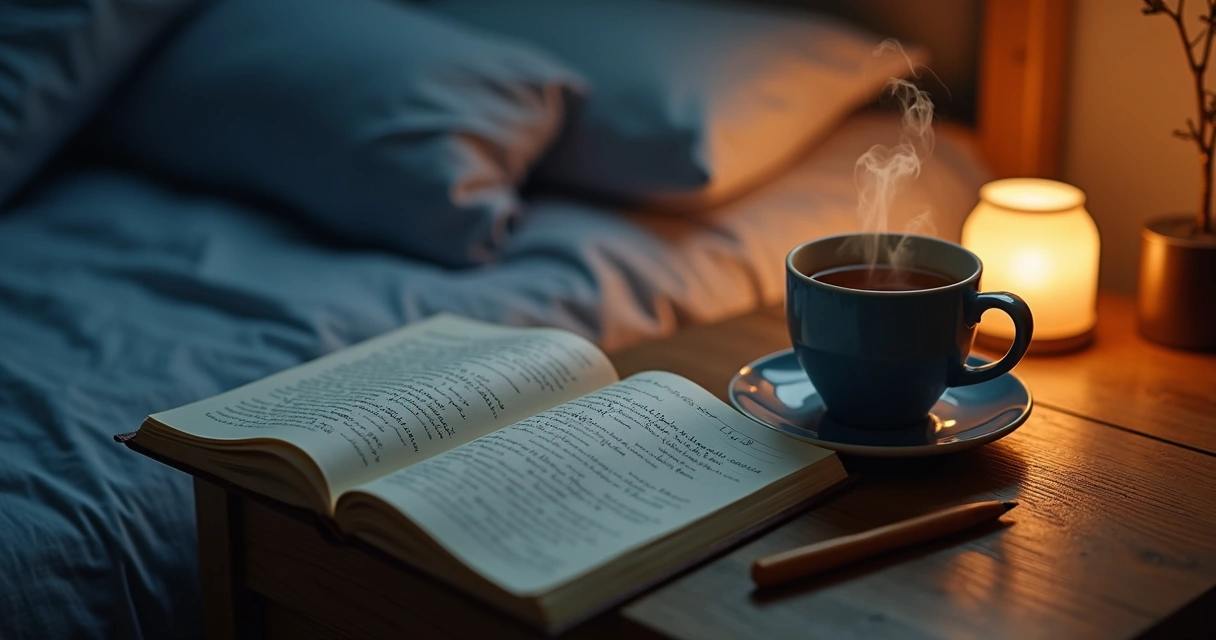 Caderno e chá em mesa de ritual noturno 