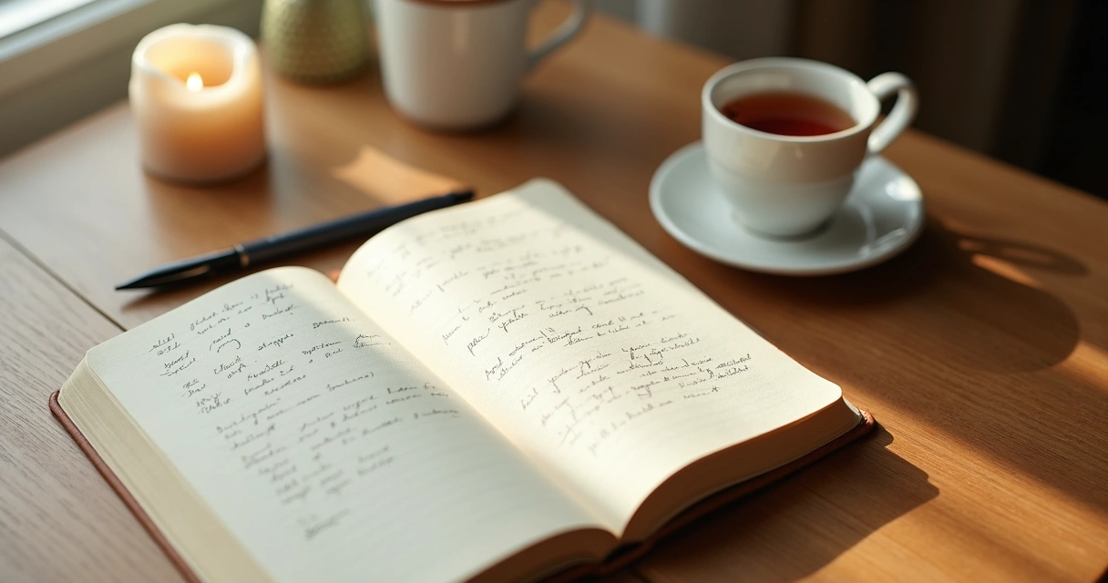 Caderno aberto com vela, xícara e caneta sobre mesa de madeira