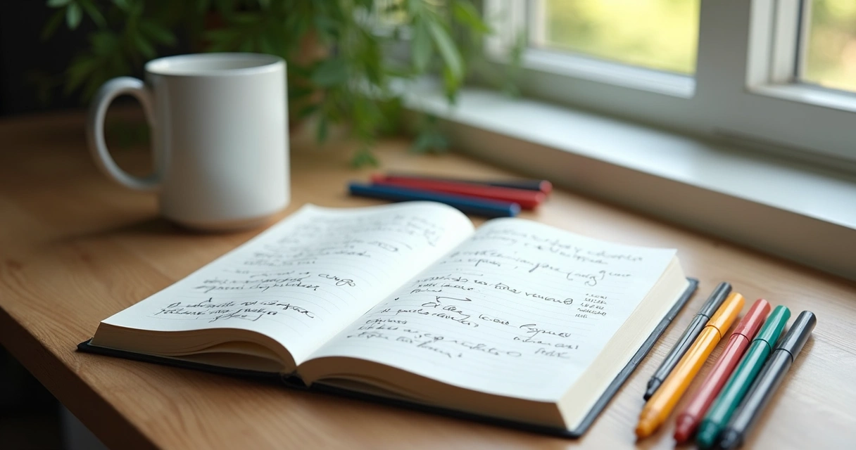 Caderno aberto com anotações de rotina diária ao lado de caneca 